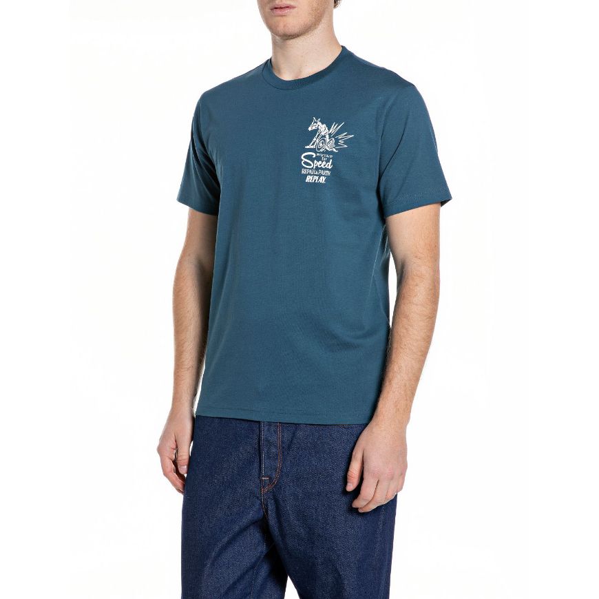 Picture of REPLAY MEN'S JERSEY T-SHIRT WITH BIKER PRINTS IN PETROL BLUE