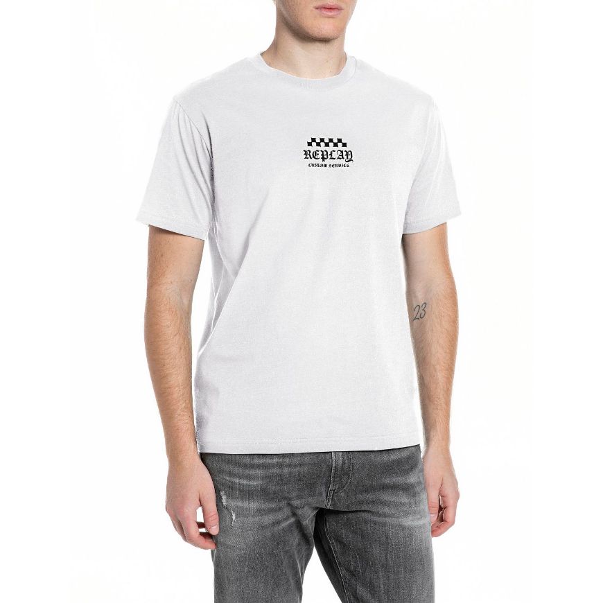Picture of REPLAY MEN'S JERSEY T-SHIRT WITH SMALL AND BIG BIKER PRINTS IN NATURAL WHITE