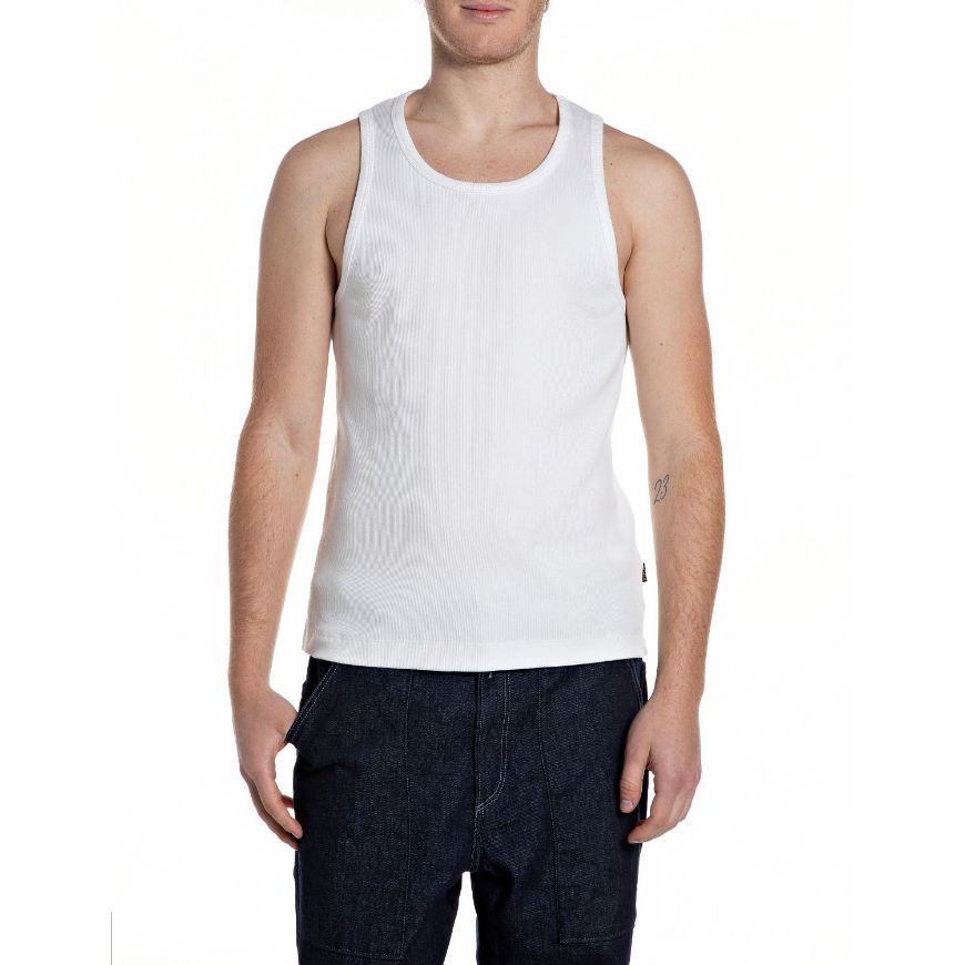 Picture of REPLAY MEN'S CREW-NECK RIBBED SLEEVELESS T-SHIRT IN NATURAL WHITE