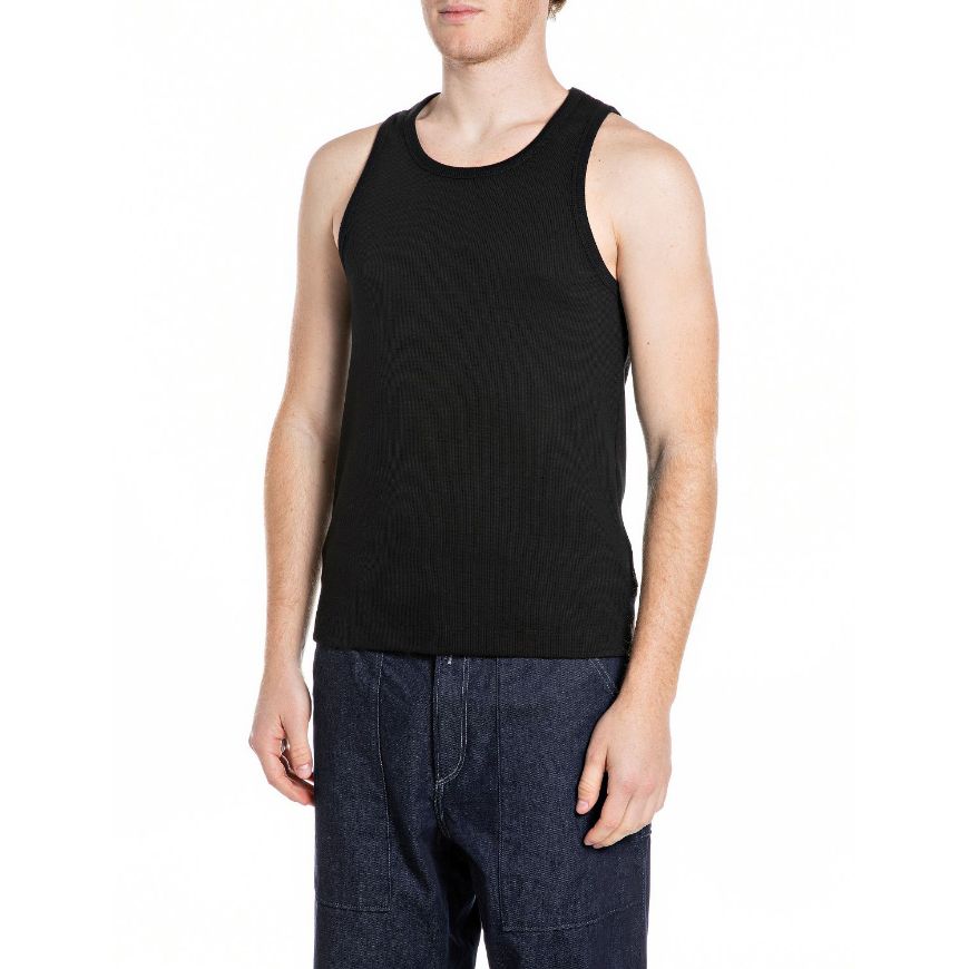 Picture of REPLAY MEN'S CREW-NECK RIBBED SLEEVELESS T-SHIRT IN BLACK