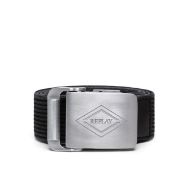 Picture of REPLAY MEN'S RIBBED BELT WITH LOGO BUCKLE IN SILVER BLACK 1