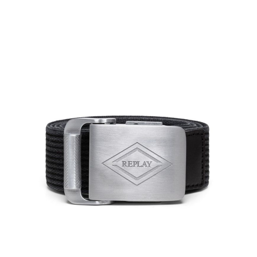 Picture of REPLAY MEN'S RIBBED BELT WITH LOGO BUCKLE IN SILVER BLACK