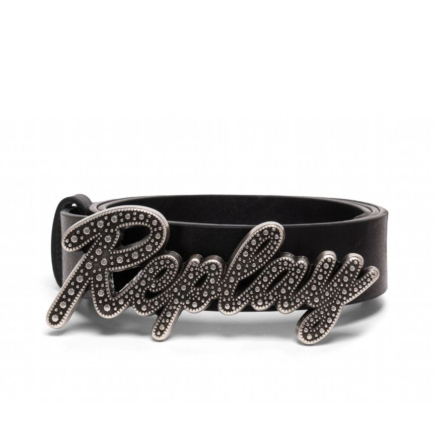 Picture of REPLAY WOMEN'S REPLAY BUCKLE PULL-UP LEATHER BELT IN BLACK