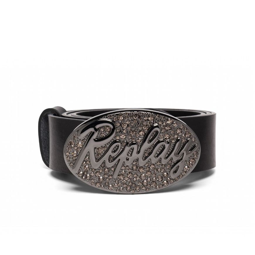 Picture of REPLAY WOMEN'S REPLAY OVAL BUCKLE PULL-UP LEATHER BELT IN BLACK