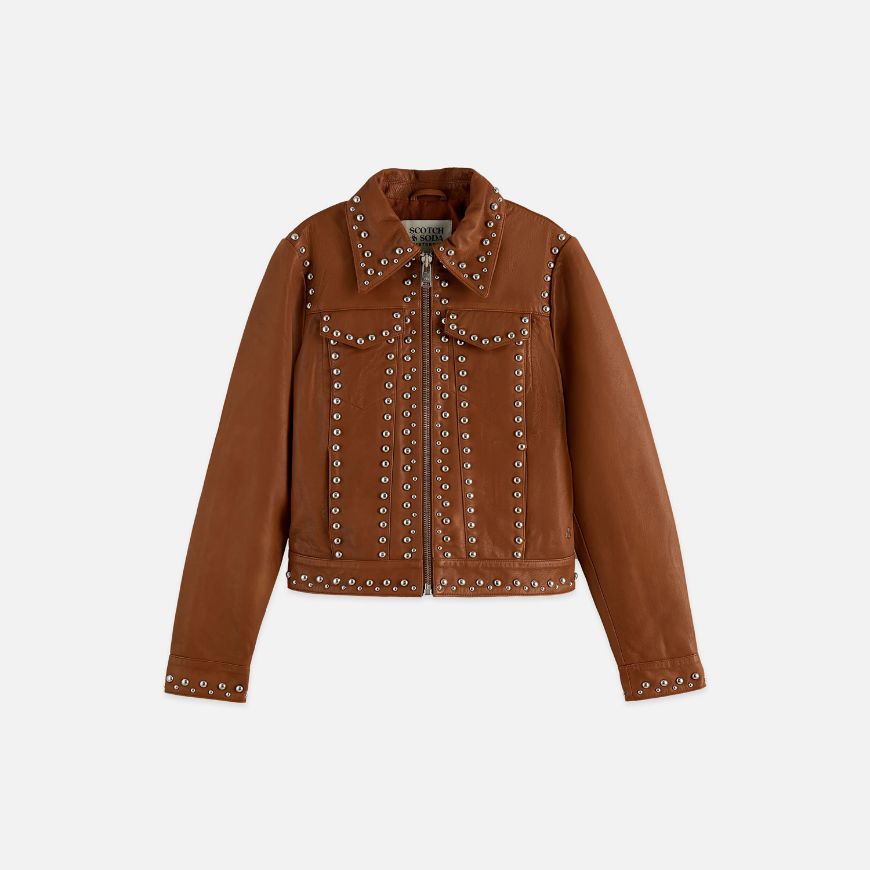 Picture of SCOTCH&SODA WOMEN'S STUDDED LEATHER TRUCKER IN COGNAC