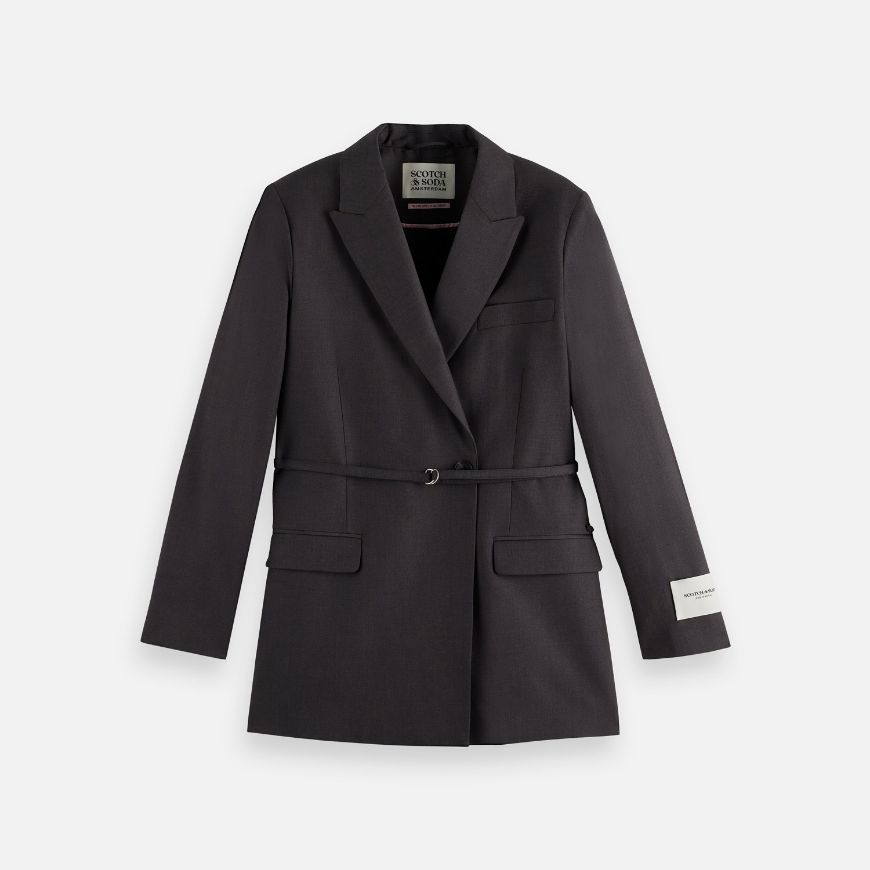 Picture of SCOTCH&SODA WOMEN'S CORE DOUBLE BREASTED WOOL BOYFRIEND BLAZER WITH BELT IN CHARCOAL MELANGE