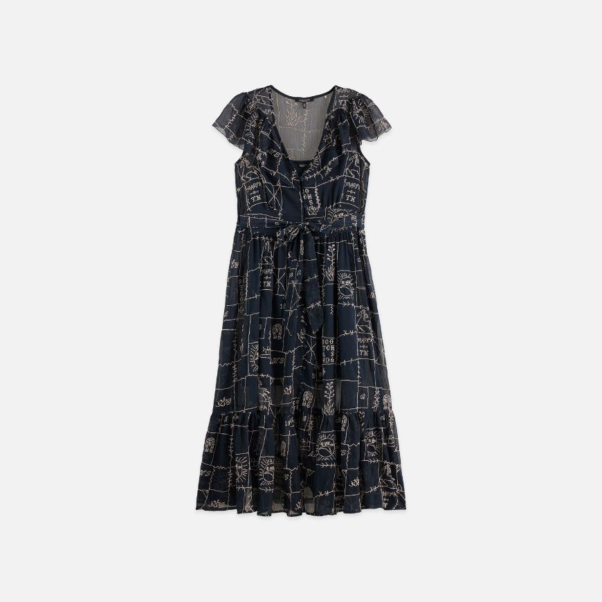 Picture of SCOTCH&SODA WOMEN'S CROSS-STITCH EMBROIDERED MIDI DRESS IN CARBON