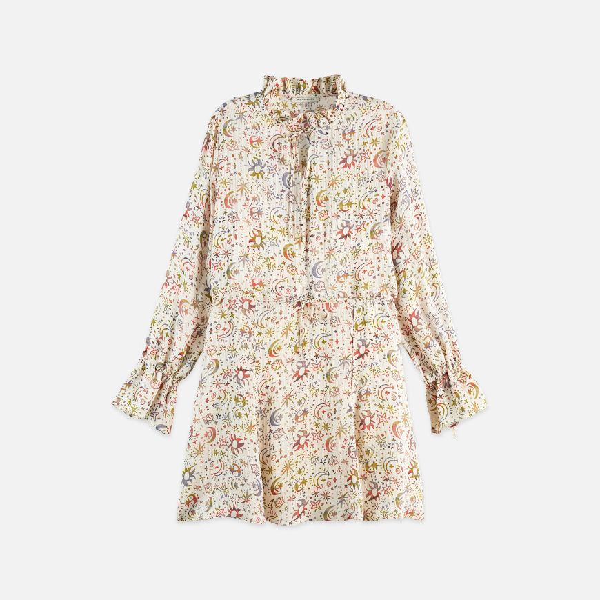 Picture of SCOTCH&SODA WOMEN'S PRINTED LONG SLEEVE MINI DRESS IN COSMIC SKY EGGNOG