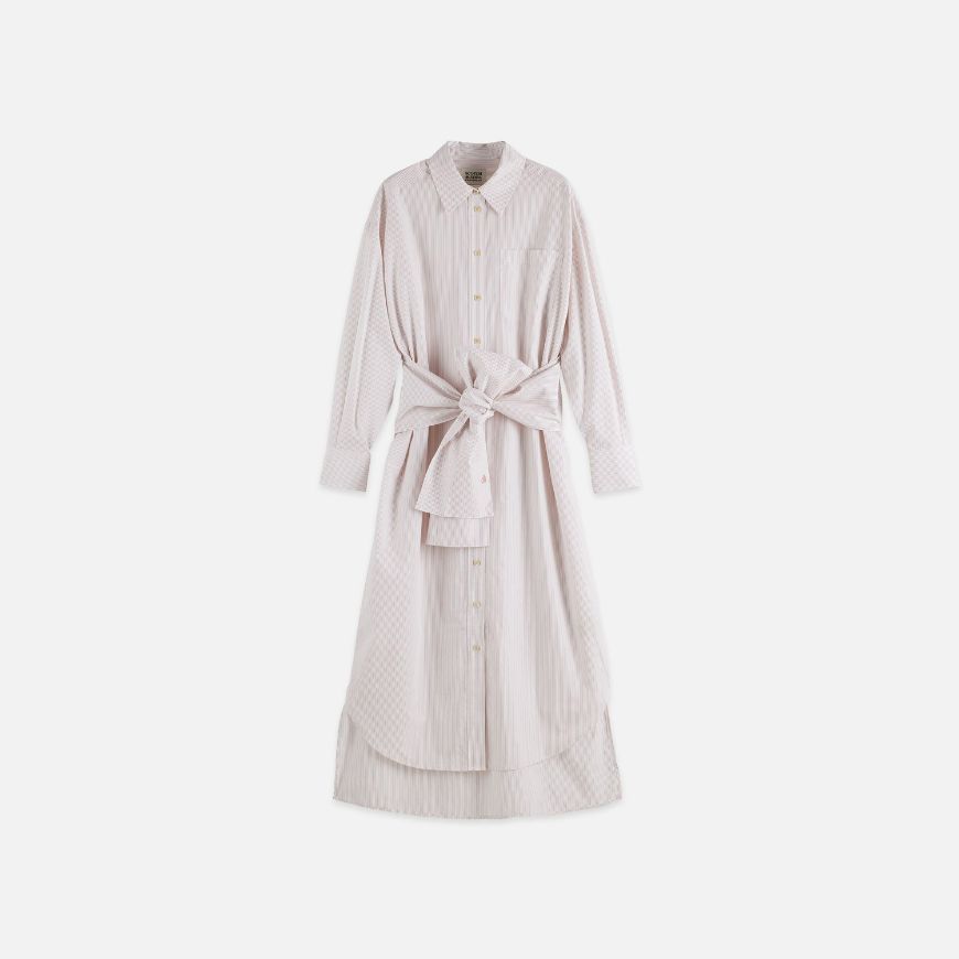 Picture of SCOTCH&SODA WOMEN'S RELAXED TIE SHIRT DRESS IN MICRO STRIPE