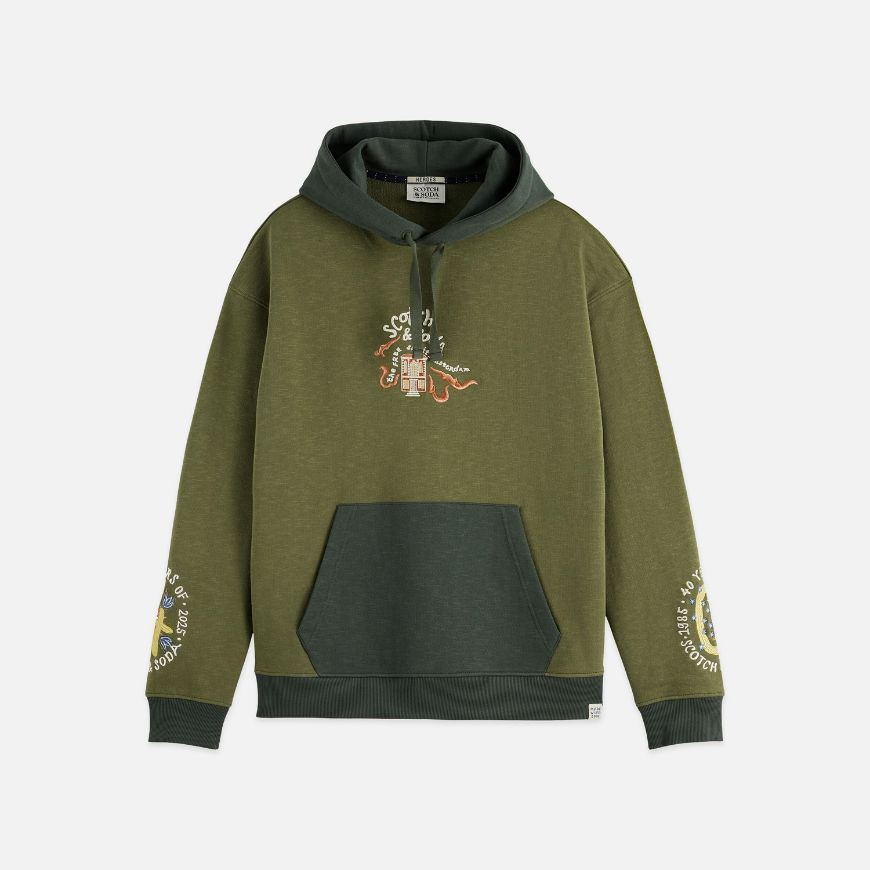 Picture of SCOTCH&SODA MEN'S THE 40TH ANNIVERSARY EMBROIDERED RELAXED-FIT HOODIE IN DARK GREEN