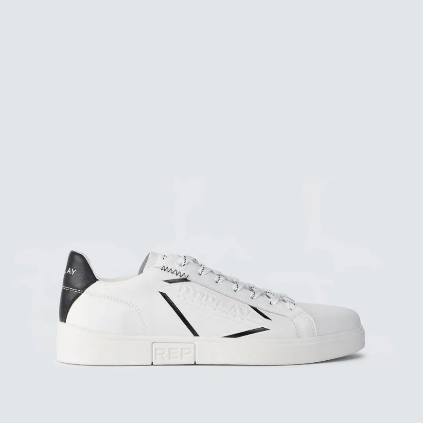 Picture of REPLAY MEN'S POLYS STAMP LEATHER SNEAKERS IN WHITE BLACK