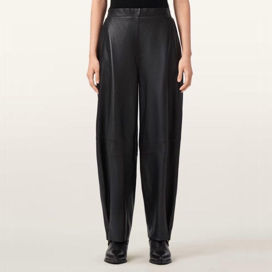 Picture of ALLSAINTS WOMEN'S ETTA BARREL LEG LEATHER TROUSERS IN BLACK