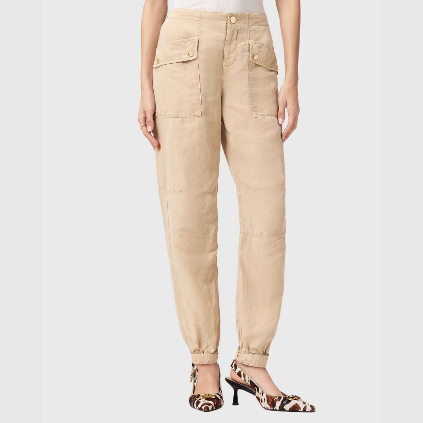 Picture of ALLSAINTS WOMEN'S VAL HIGH-RISE CARGO LINEN BLEND TROUSERS IN TAUPE BROWN