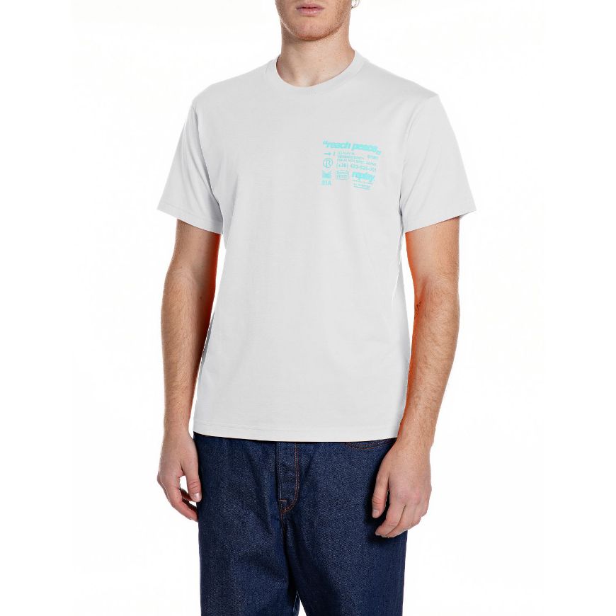 Picture of REPLAY MEN'S JERSEY T-SHIRT WITH REACH PEACE PRINT IN NATURAL WHITE