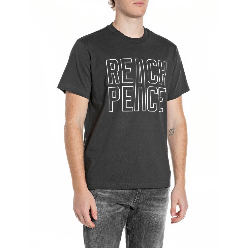 Picture of REPLAY MEN'S REGULAR FIT JERSEY T-SHIRT WITH REACH PEACE PRINT IN IRON