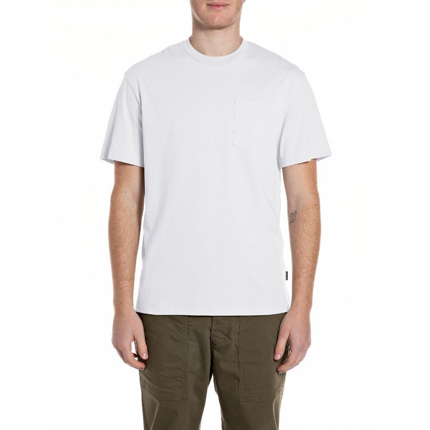 Picture of REPLAY MEN'S ORGANIC COTTON T-SHIRT WITH CHEST POCKET AND PRINTED BACK IN NATURAL WHITE