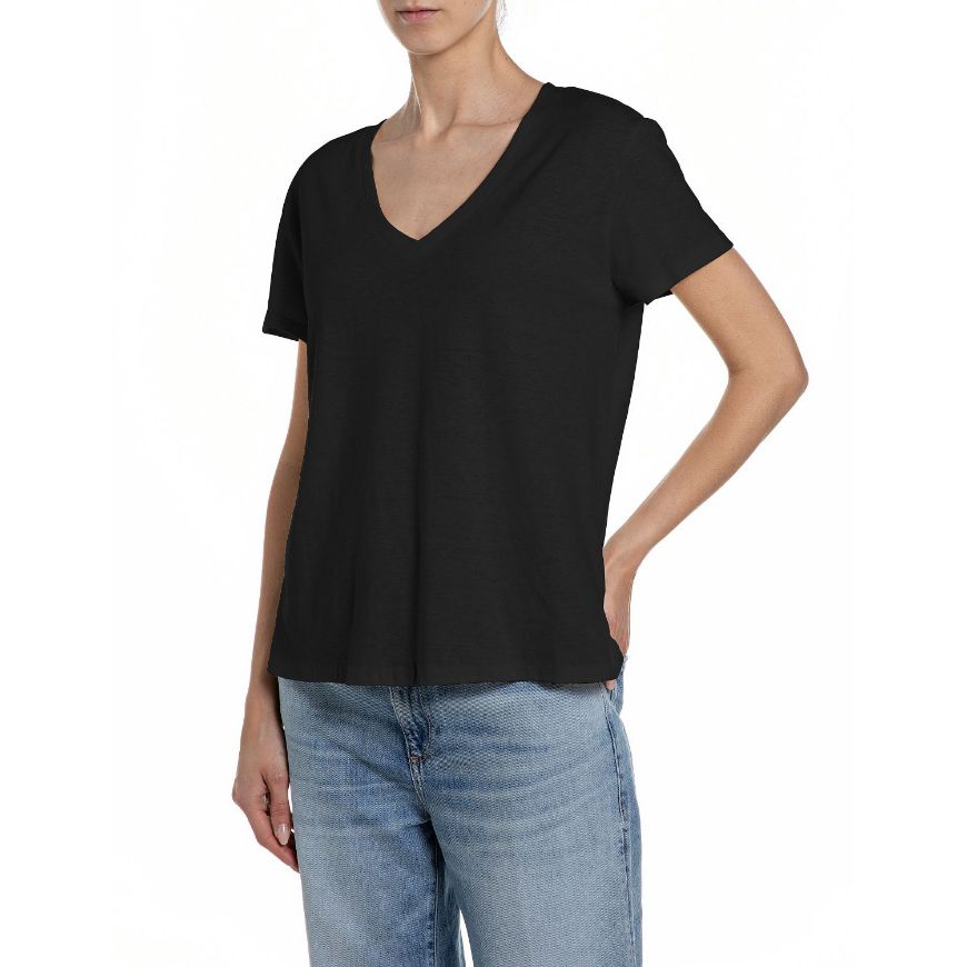 Picture of REPLAY WOMEN'S V-NECK LINEN COTTON JERSEY T-SHIRT IN BLACK