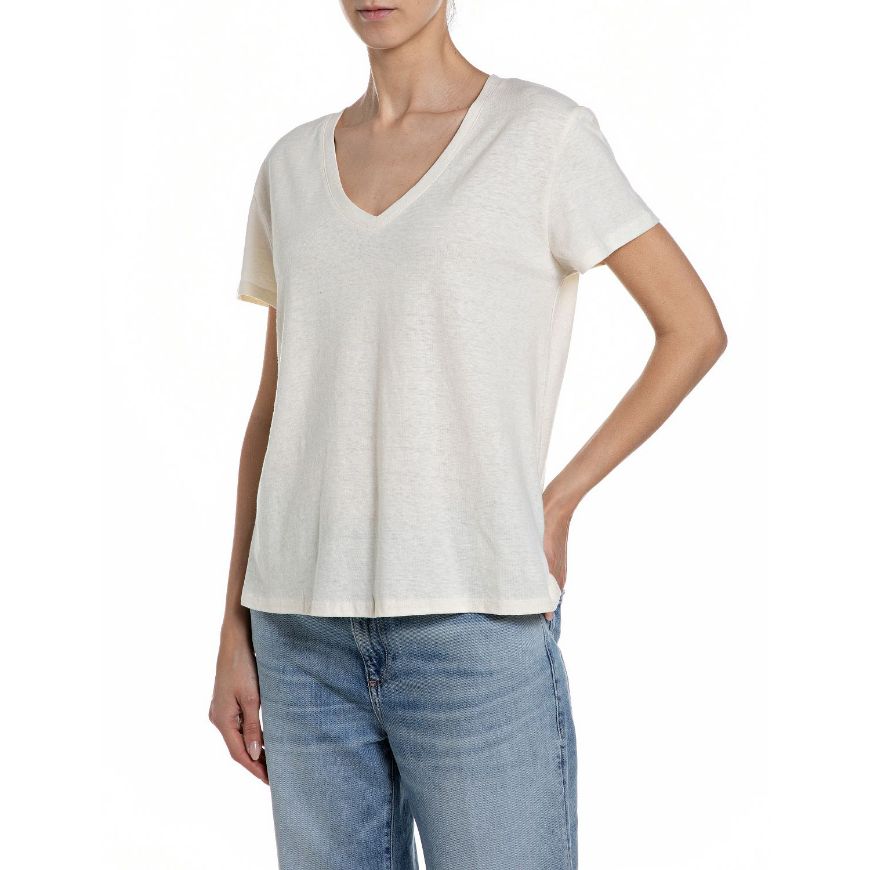 Picture of REPLAY WOMEN'S V-NECK LINEN COTTON JERSEY T-SHIRT IN WINTER WHITE