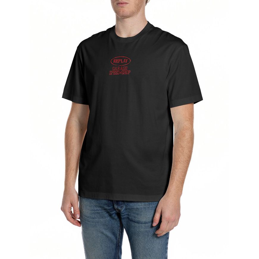 Picture of REPLAY MEN'S JERSEY T-SHIRT WITH GARAGE SPEED SHOP PRINTS IN BLACK