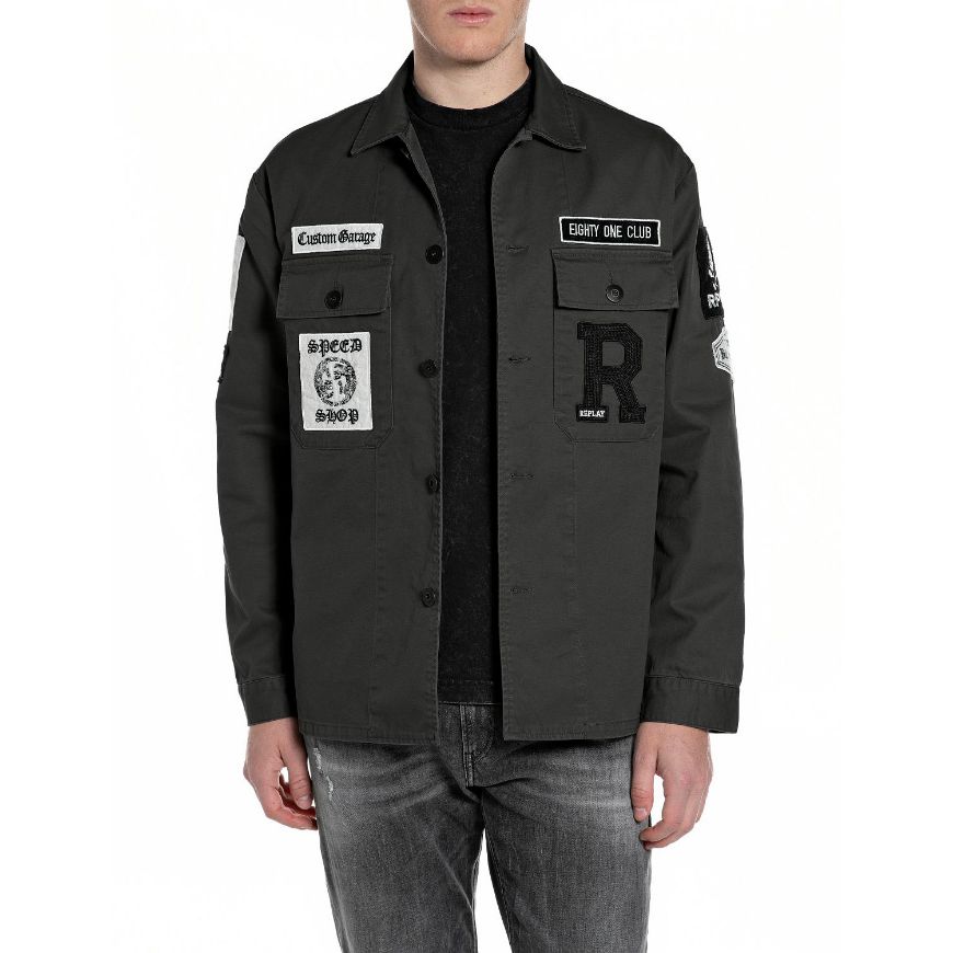 Picture of REPLAY MEN'S REGULAR-FIT OVERSHIRT WITH CUSTOM GARAGE PATCHES IN BLACKBOARD
