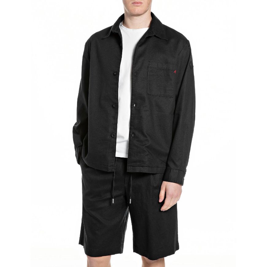 Picture of REPLAY MEN'S LINEN COTTON TWILL OVERSHIRT IN BLACK