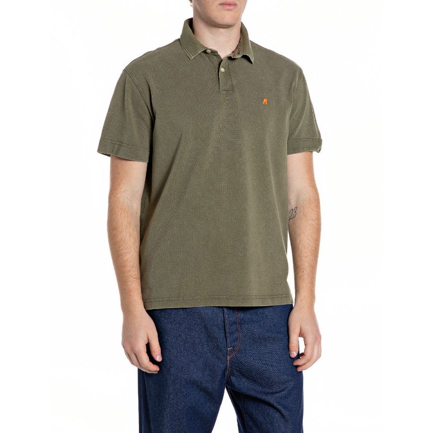 Picture of REPLAY MEN'S MARBLE-EFFECT COTTON PIQUÉ POLO-SHIRT IN MUD