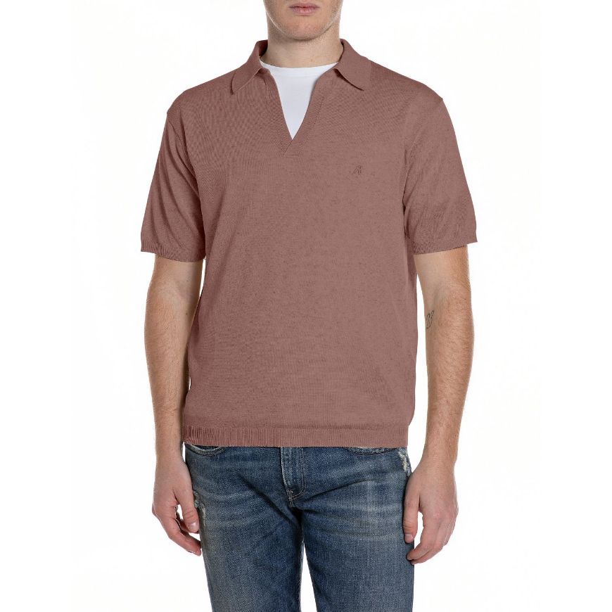 Picture of REPLAY MEN'S SHORT-SLEEVED V-NECK LINEN BLEND SWEATER IN RUST