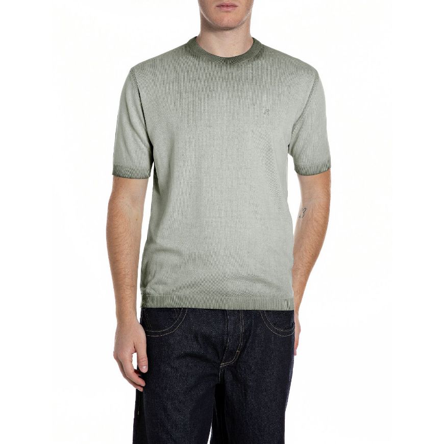 Picture of REPLAY MEN'S SHORT-SLEEVE CREW-NECK KNIT T-SHIRT IN TUNDRA GREEN