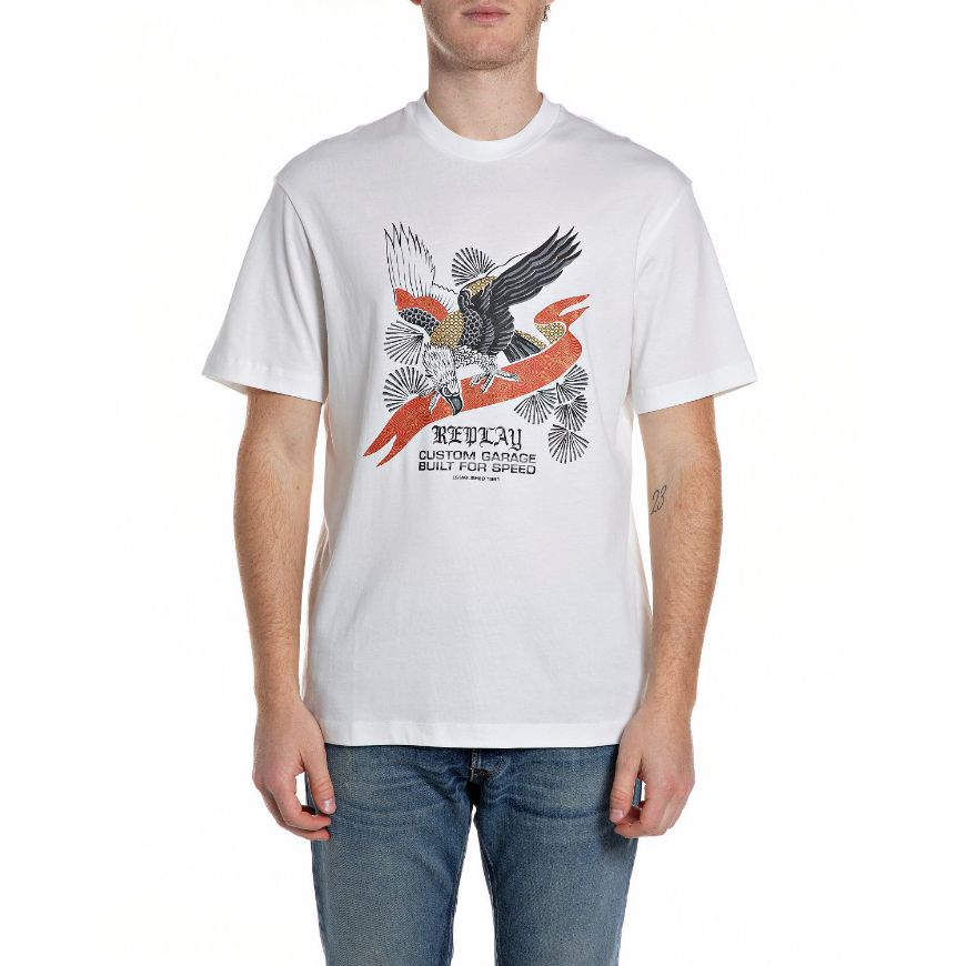 Picture of REPLAY MEN'S CREW-NECK COTTON T-SHIRT WITH EAGLE PRINT IN NATURAL WHITE
