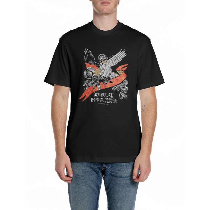 Picture of REPLAY MEN'S CREW-NECK COTTON T-SHIRT WITH EAGLE PRINT IN BLACK