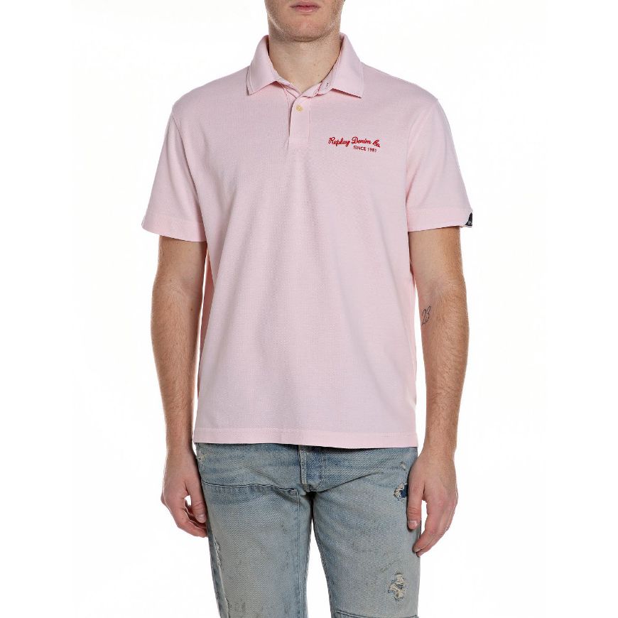 Picture of REPLAY MEN'S COTTON PIQUÉ POLO-SHIRT WITH EMBROIDERY IN PALE PINK