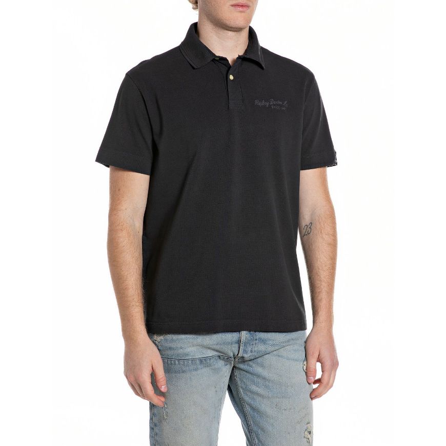 Picture of REPLAY MEN'S COTTON PIQUÉ POLO-SHIRT WITH EMBROIDERY IN BLACKBOARD