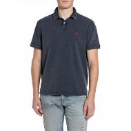 Picture of REPLAY MEN'S MARBLE-EFFECT COTTON PIQUÉ POLO-SHIRT IN DARK NAVY 1