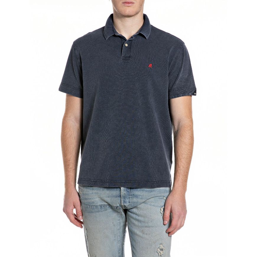 Picture of REPLAY MEN'S MARBLE-EFFECT COTTON PIQUÉ POLO-SHIRT IN DARK NAVY