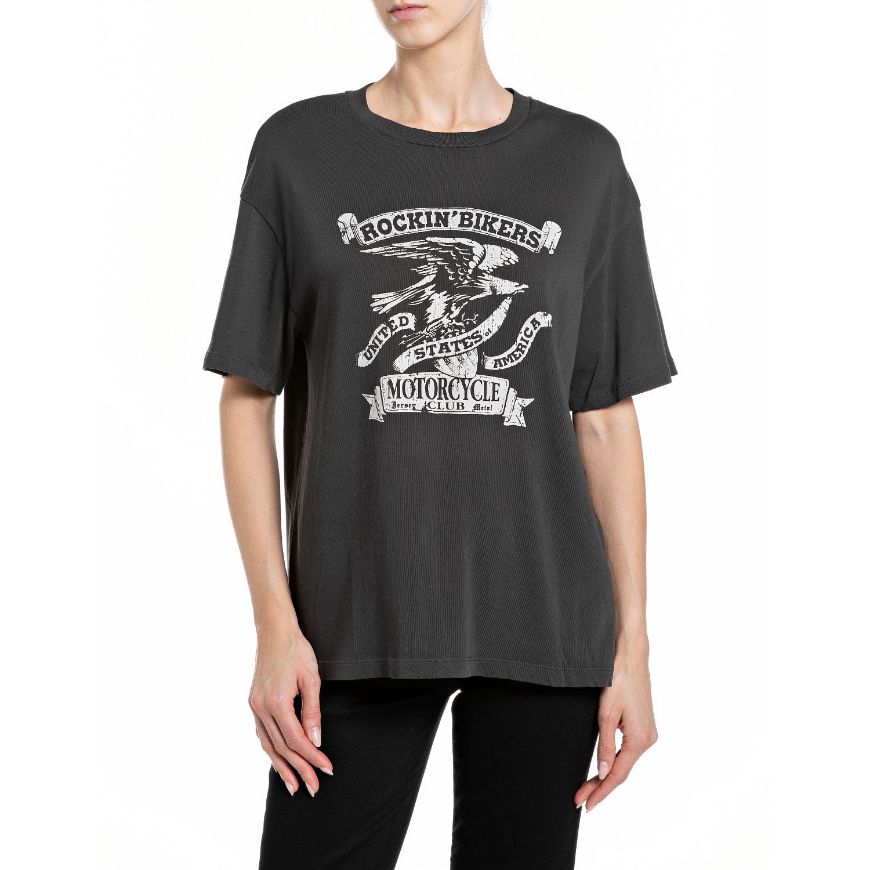 Picture of REPLAY WOMEN'S BIKER RUSTIC JERSEY CREW-NECK T-SHIRT IN BLACKBOARD