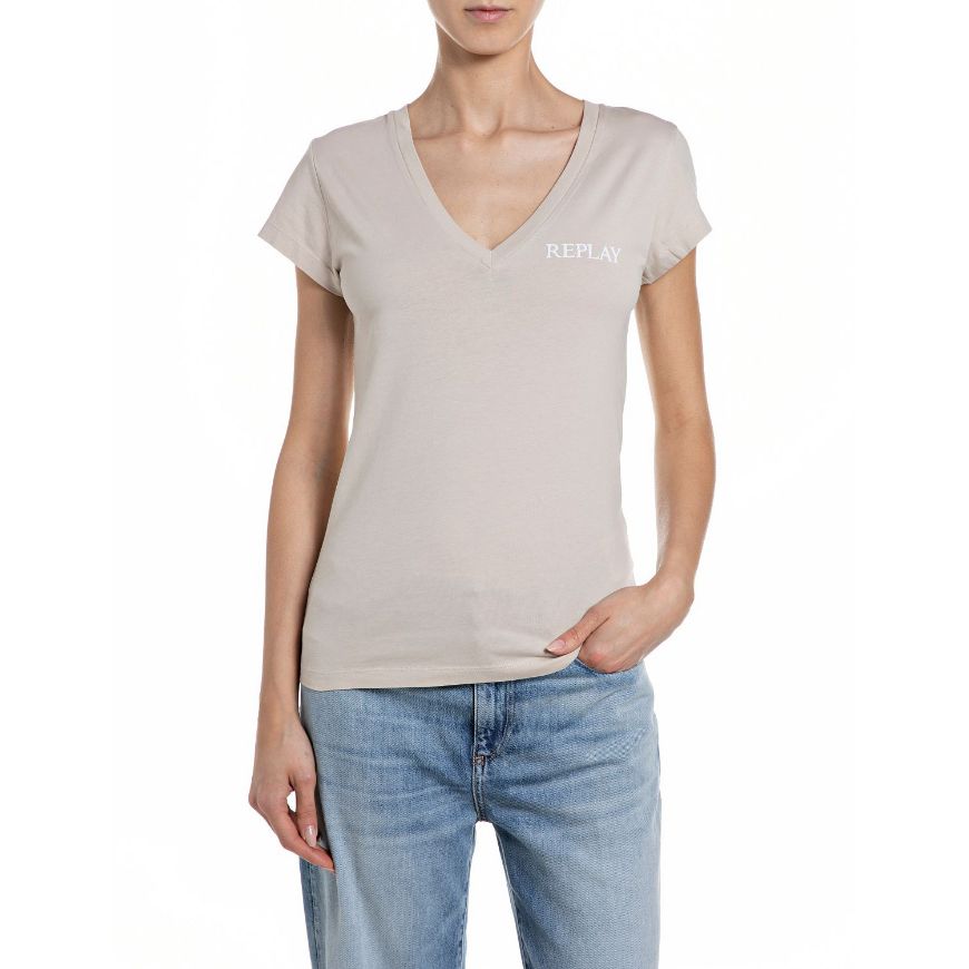 Picture of REPLAY WOMEN'S SKINNY-FIT V-NECK COTTON JERSEY T-SHIRT IN SILVER CLOUD