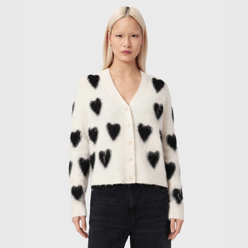 Picture of ALLSAINTS WOMEN'S SCATTER HEART CARDIGAN IN CHALK WHITE/BLACK
