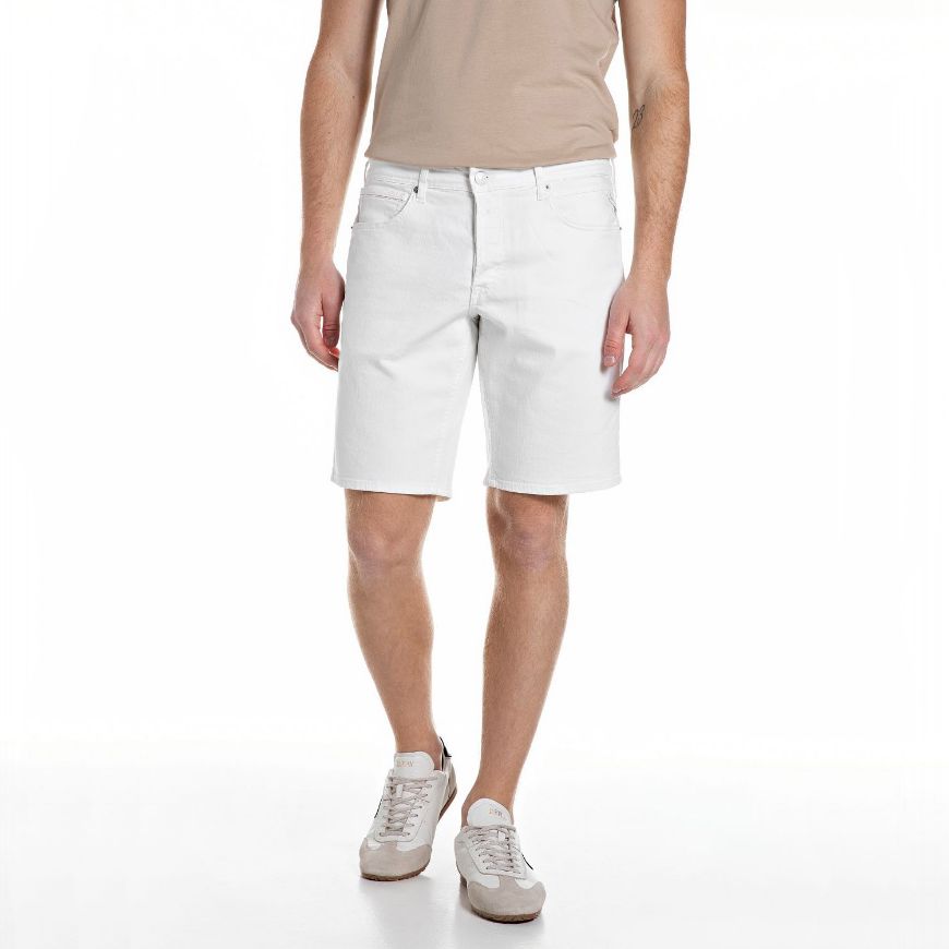 Picture of REPLAY MEN'S GROVER STRAIGHT-FIT 9.5 OZ STRETCH BULL DENIM SHORTS IN WHITE