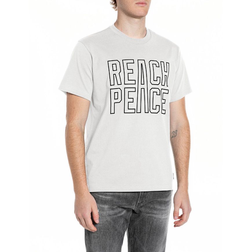 Picture of REPLAY MEN'S REGULAR FIT JERSEY T-SHIRT WITH REACH PEACE PRINT IN NATURAL WHITE