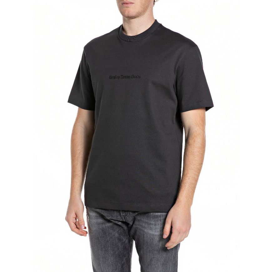 Picture of REPLAY MEN'S CREW-NECK COTTON T-SHIRT WITH DENIM GOODS PRINT IN IRON
