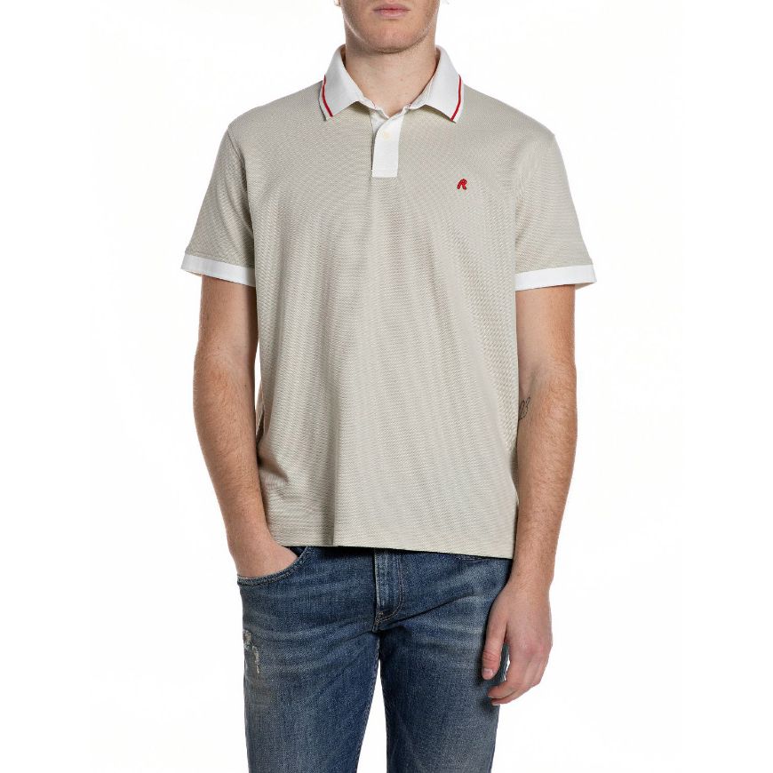 Picture of REPLAY MEN'S PIQUÉ POLO-SHIRT WITH CONTRAST TRIMS IN BONE