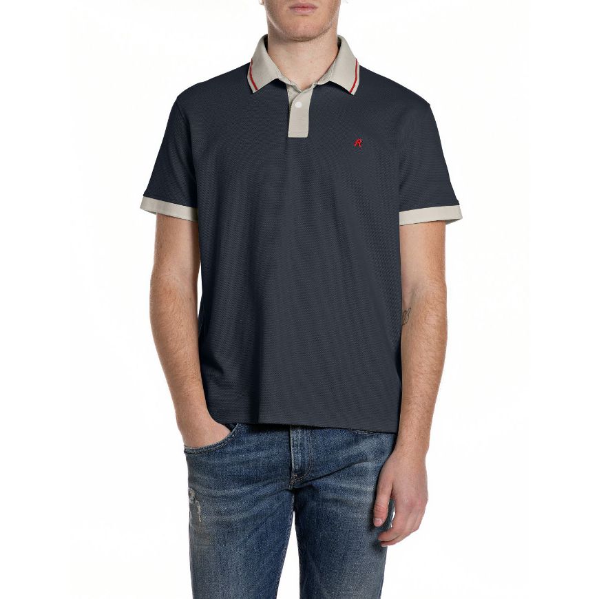 Picture of REPLAY MEN'S PIQUÉ POLO-SHIRT WITH CONTRAST TRIMS IN DARK NAVY