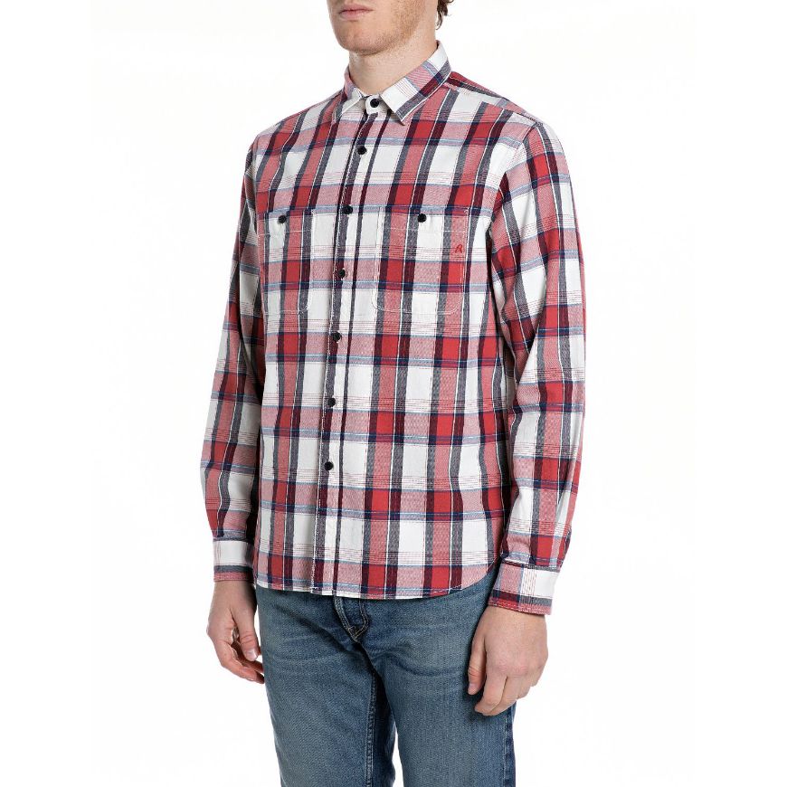 Picture of REPLAY MEN'S CHEQUERED COTTON TWILL IN RED/NAVY/NATURAL WHITE