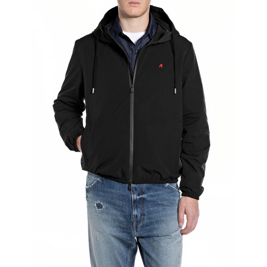 Picture of REPLAY MEN'S MICRO OXFORD JACKET WITH HOOD IN BLACK