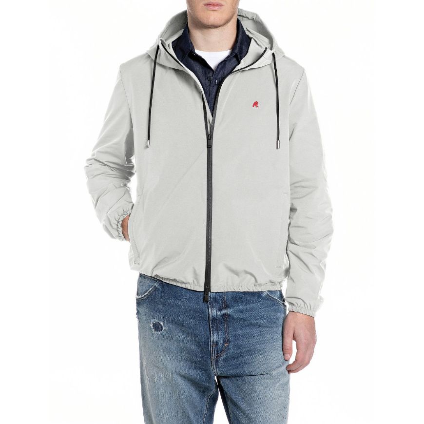 Picture of REPLAY MEN'S MICRO OXFORD JACKET WITH HOOD IN SNOW WHITE