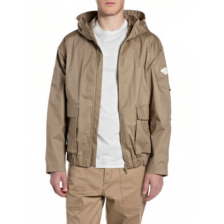Picture of REPLAY MEN'S RELAXED-FIT TWILL JACKET WITH HOOD IN LIGHT COFFEE