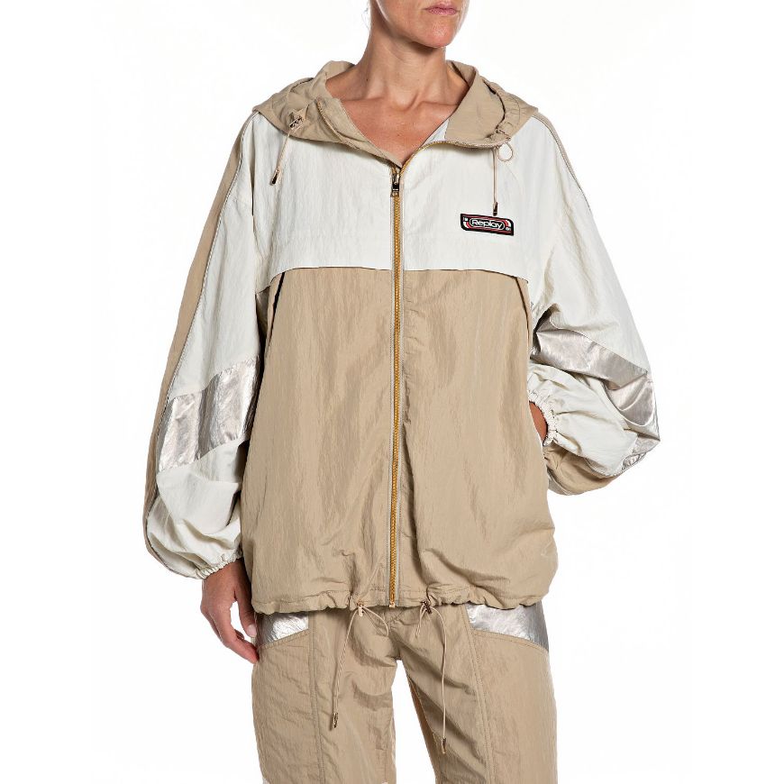Picture of REPLAY WOMEN'S  CRINCKLE NYLON COATED JACKET WITH HOOD IN SAND/CHALK/PLATINUM