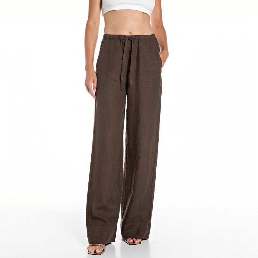 Picture of REPLAY WOMEN'S WIDE-LEG LINEN TROUSERS IN COFFEE