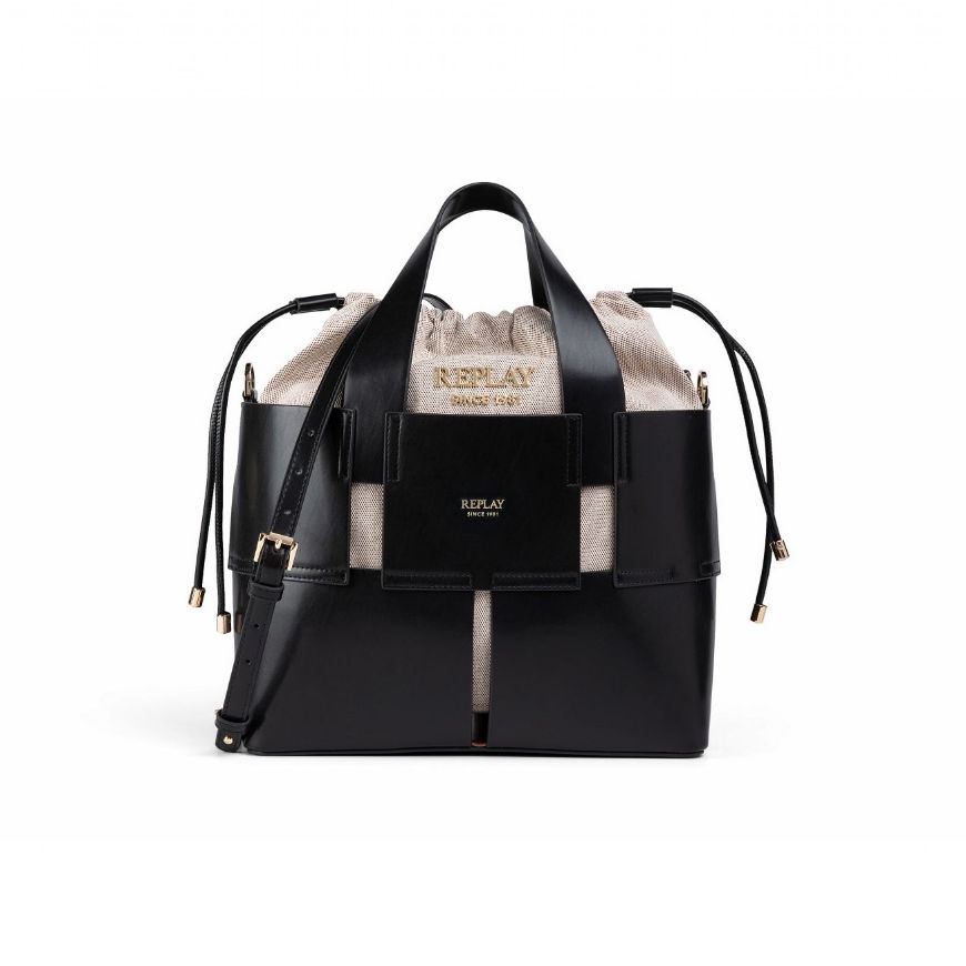 Picture of REPLAY WOMEN'S PU SHOPPER WITH CANVAS BAG IN BLACK+PARTRIDGE+OFF WHITE+MONK'S ROBE
