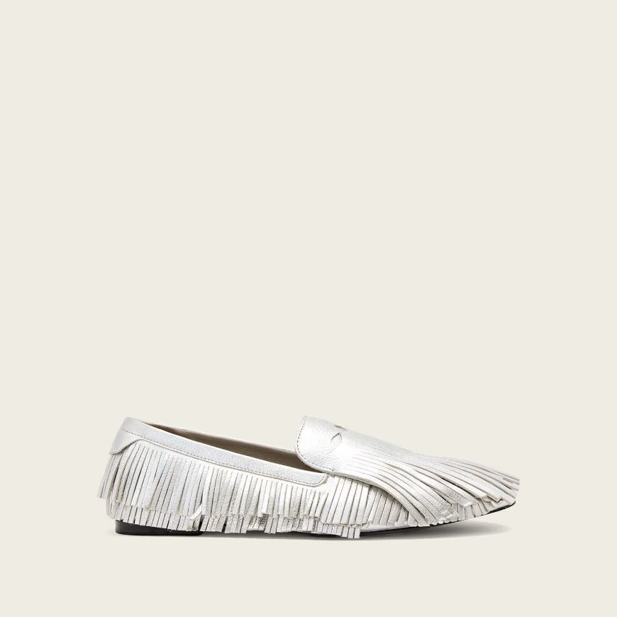 Picture of ALLSAINTS WOMEN'S SANDY FRINGE LOAFERS IN SILVER SHINE